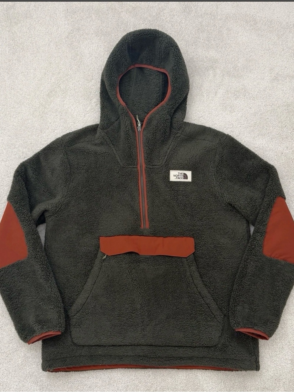 The North Face Olive Green Sherpa Fleece Hoodie with Rust